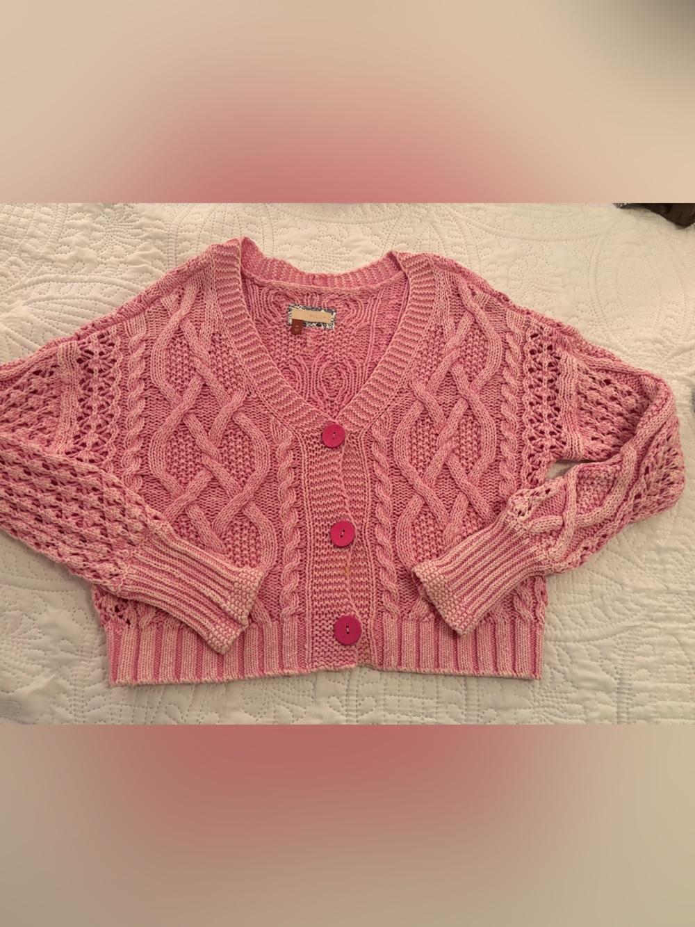 Pilcro Anthropologie Pink Cable Knit Cropped Cardigan Cotton Coquette  Y2K Sz XS - Picture 3 of 12